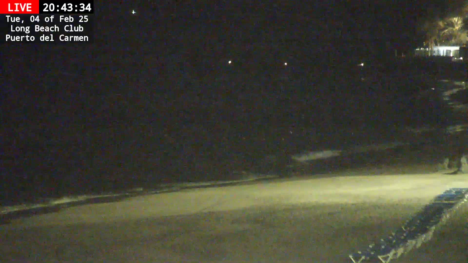 A dark, nighttime beach scene shows a row of lounge chairs and a dimly lit shoreline under a clear, starlit sky.