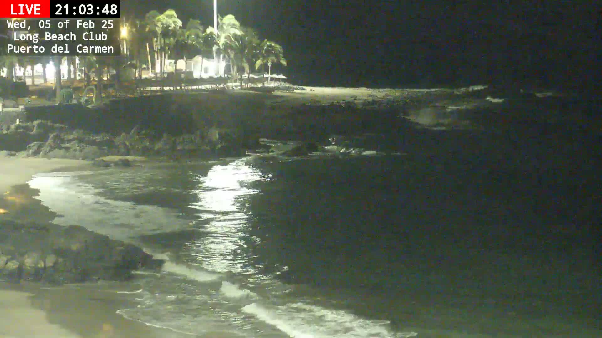 A nighttime beach scene shows gently lapping waves on a sandy shore near a building with palm trees under a dark sky.