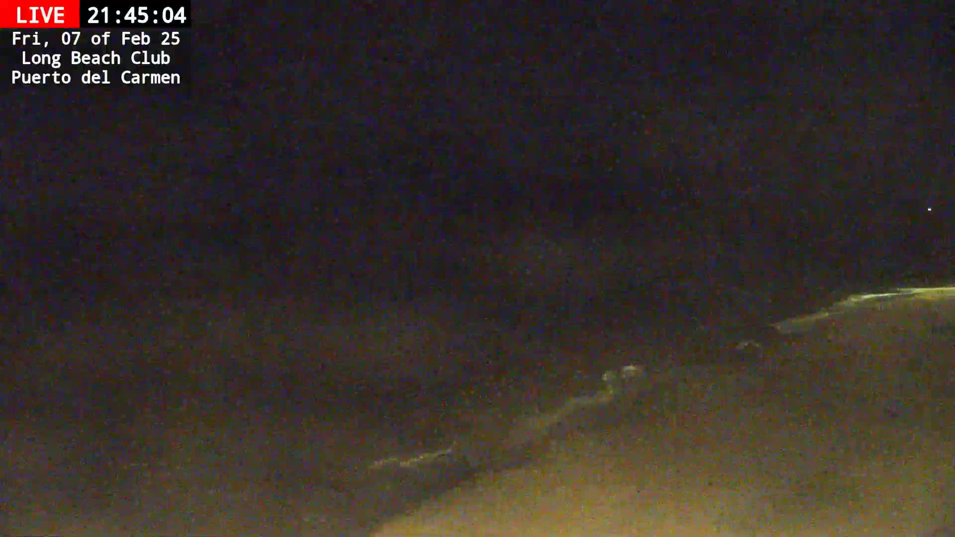 A dark, nighttime beach scene shows a dimly lit shoreline under a clear, starlit sky.