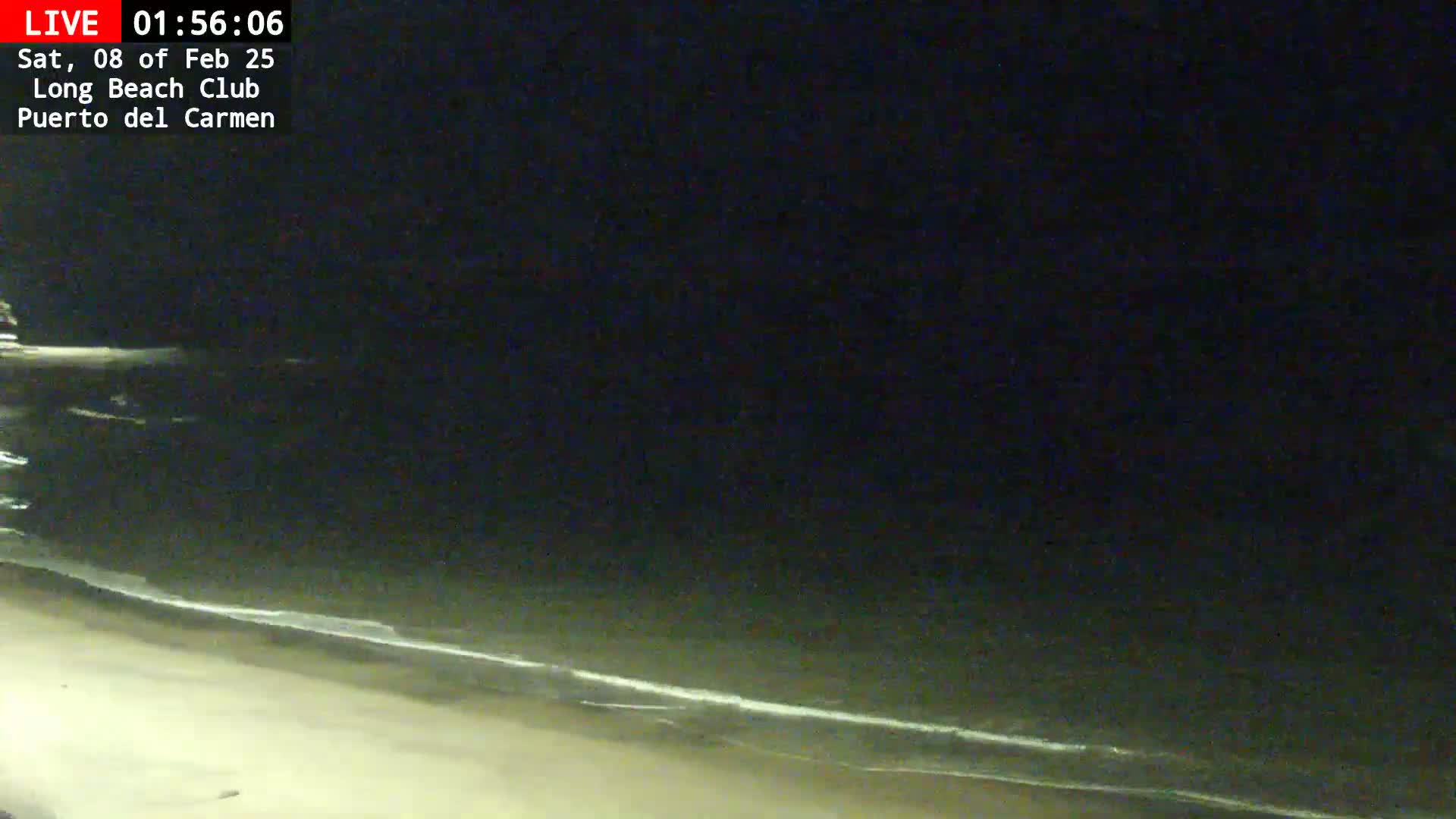 A dark night scene shows a beach with gentle waves lapping the shore under a clear, starless sky.