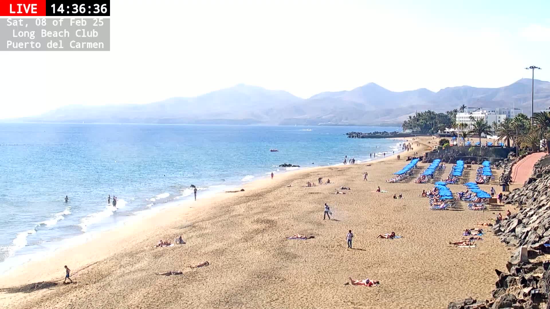 A sandy beach with scattered sunbathers and rows of blue umbrellas stretches along a calm, blue ocean under a clear sky, backed by distant mountains.