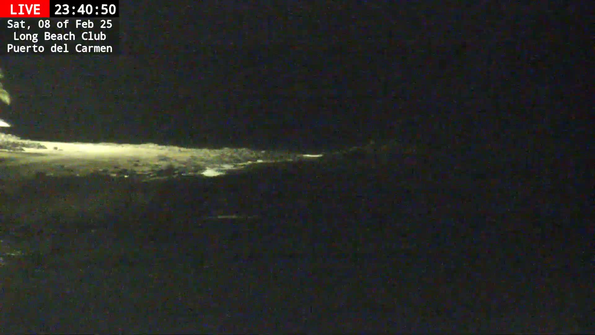 A dimly lit beach at night is shown, with a dark, possibly overcast sky.