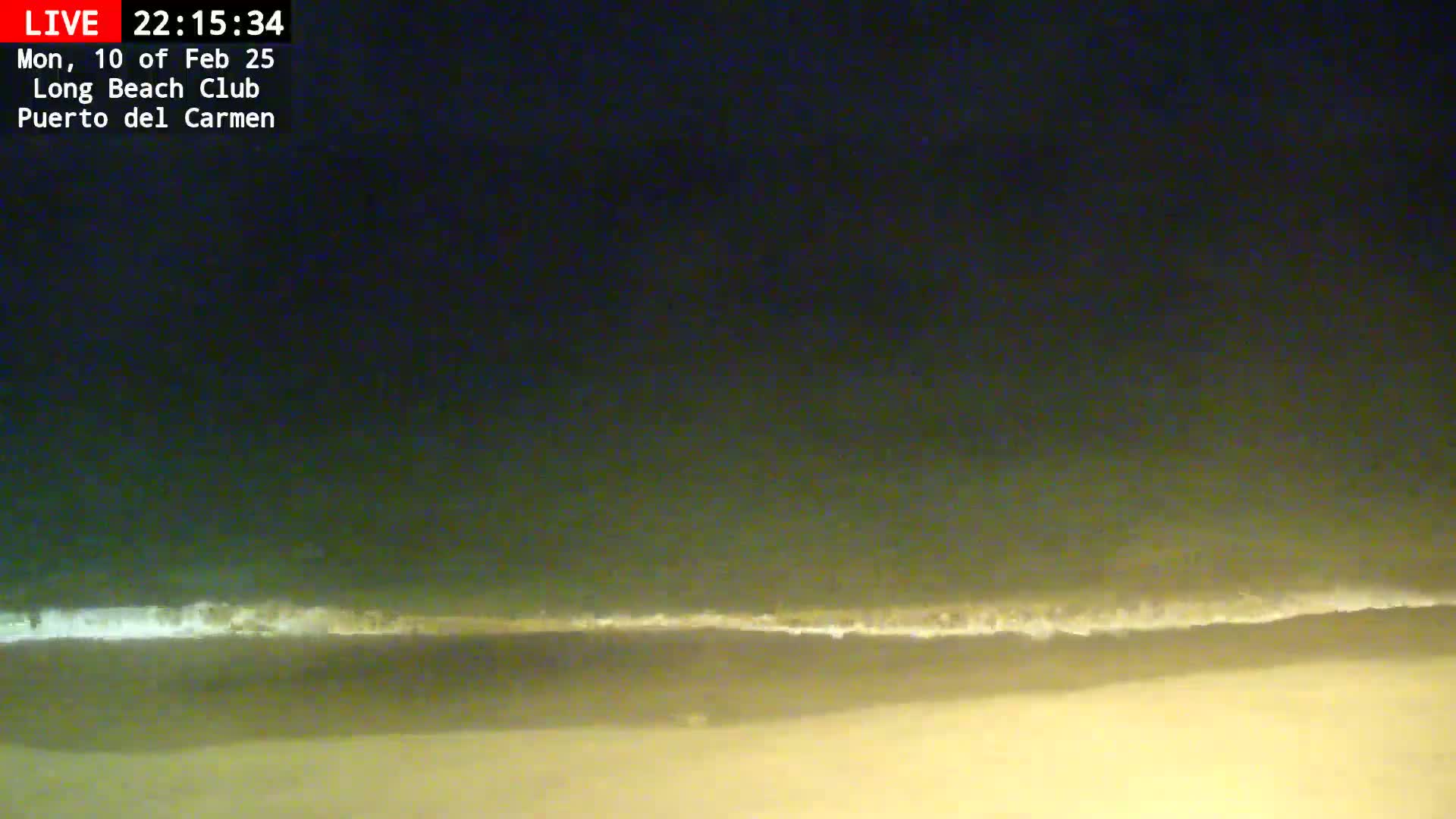 A nighttime view of a beach with gently lapping waves under a dark sky.