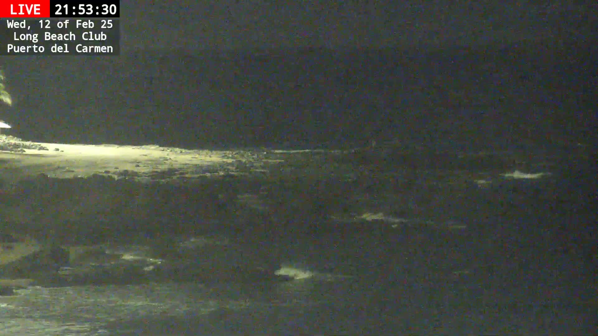 A dark, nighttime beach scene shows a sandy shore and gently lapping waves.