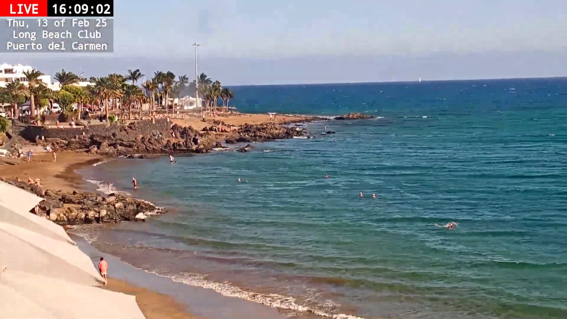 A sandy beach with palm trees and several people swimming in clear, teal water under a sunny sky.