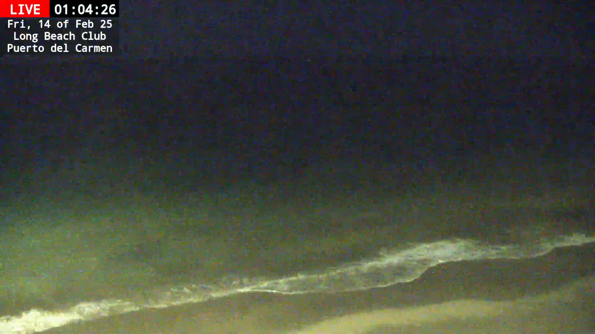 A nighttime, long shot of gently breaking waves along a dark shoreline under a dark sky.