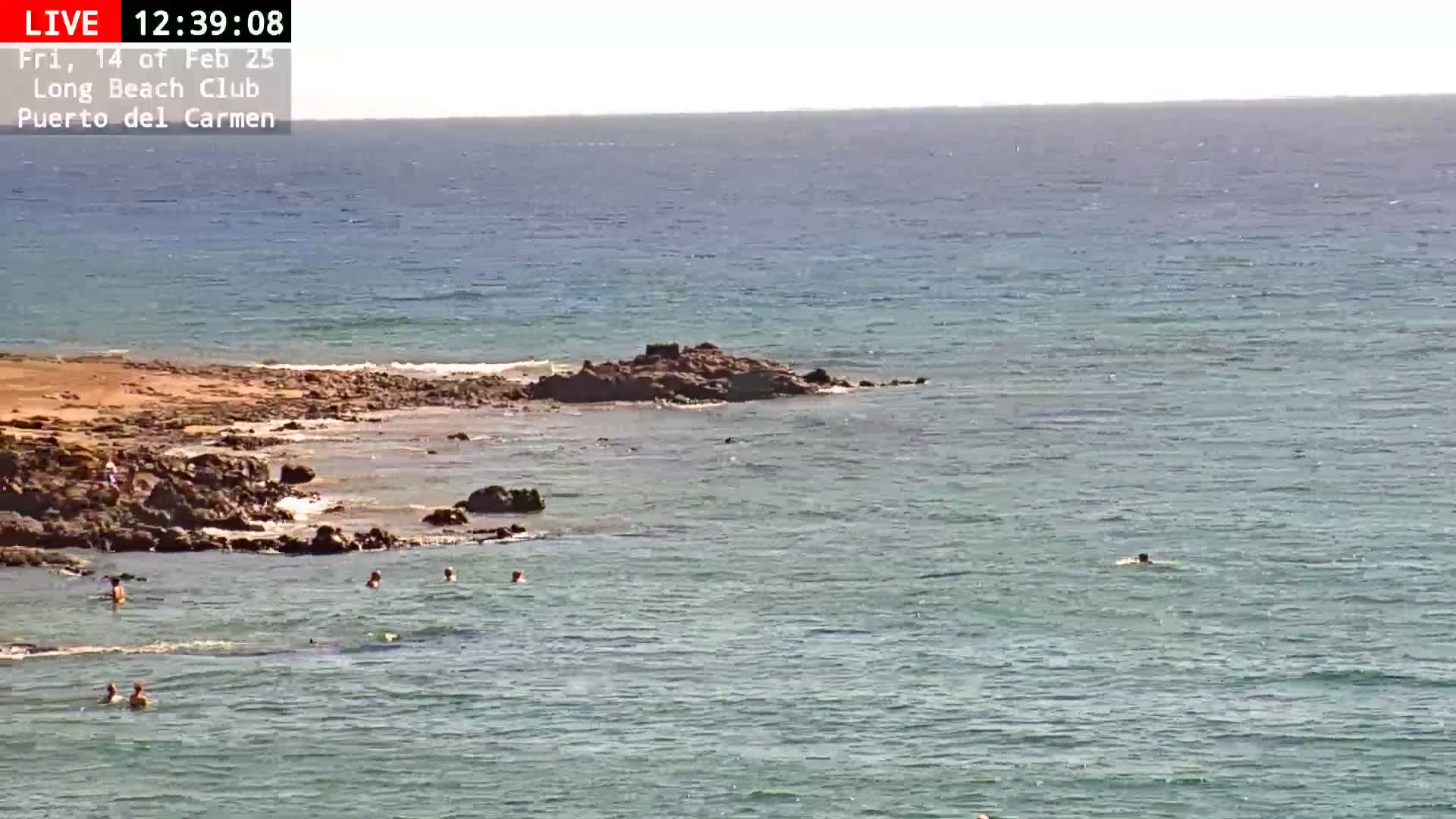 Several people swim in calm, clear ocean water near a rocky shoreline on a sunny day.