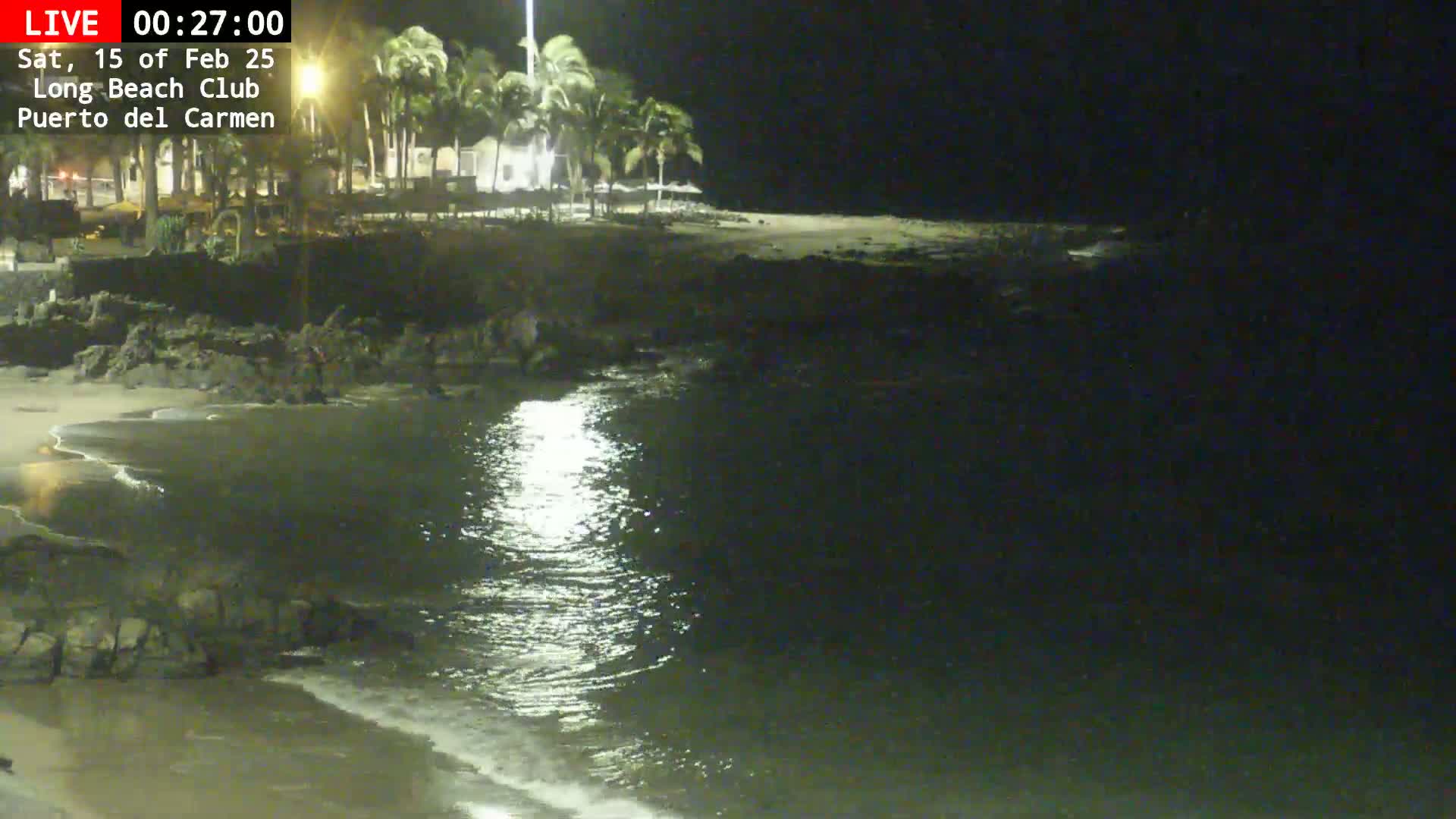 A nighttime view of a beach at low tide, with palm trees and buildings illuminated in the background, under a dark sky.
