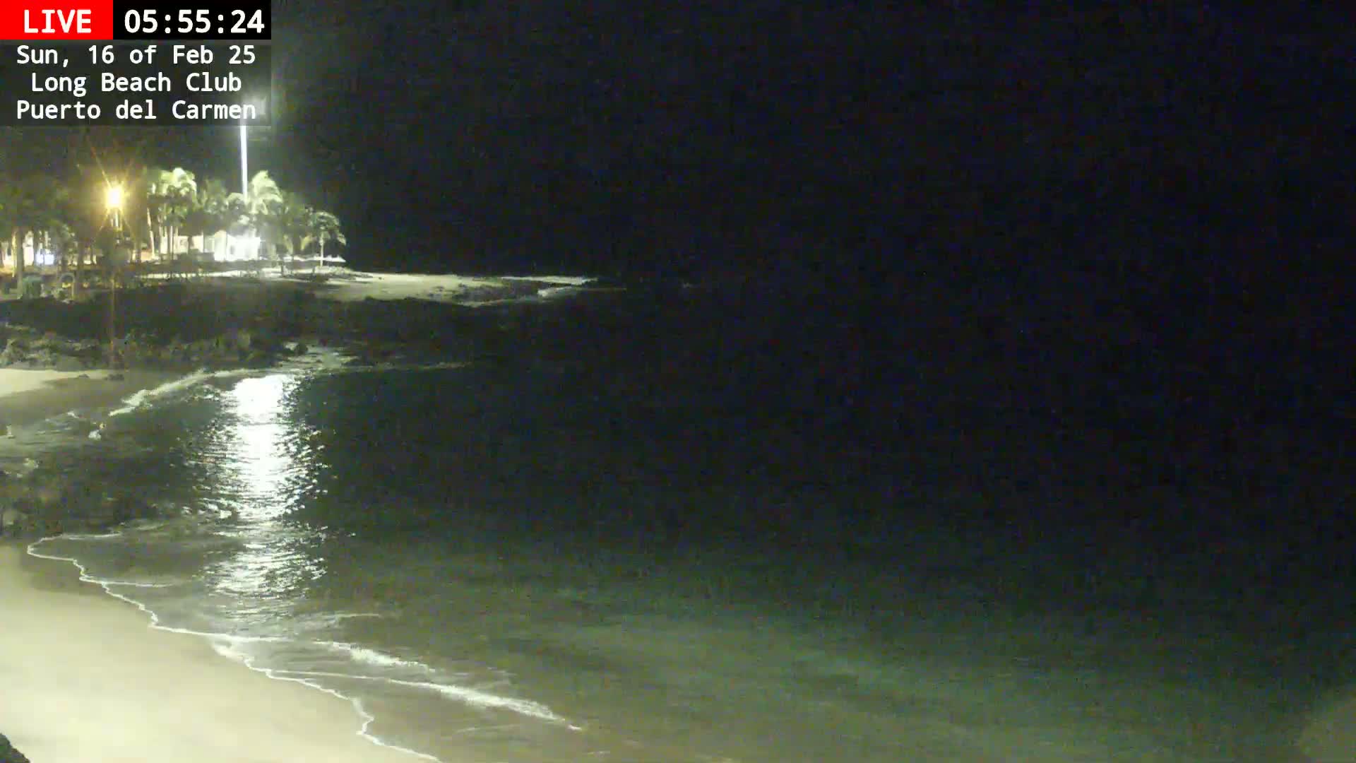 A dark, nighttime beach scene shows a calm ocean reflecting light, gently lapping at a sandy shore under a clear, starless sky.