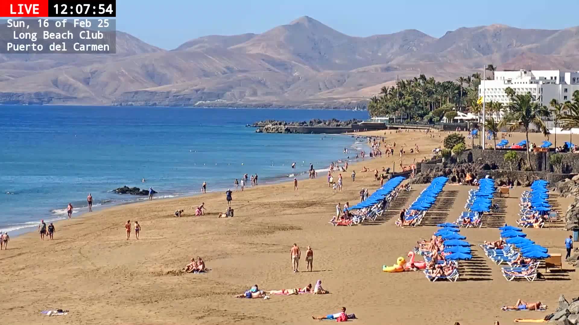 A sunny day at a sandy beach shows many people sunbathing and swimming in the ocean, with numerous blue umbrellas and lounge chairs lined up on the sand, and mountains in the background.