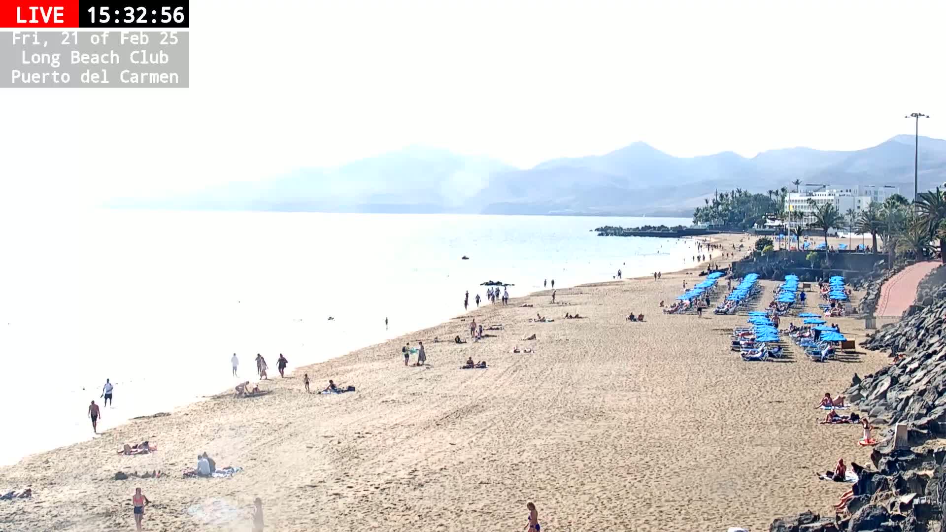 A sandy beach with people sunbathing and swimming, lined with blue umbrellas and lounge chairs, stretches along a calm ocean under a hazy sunny sky, with mountains visible in the distance.