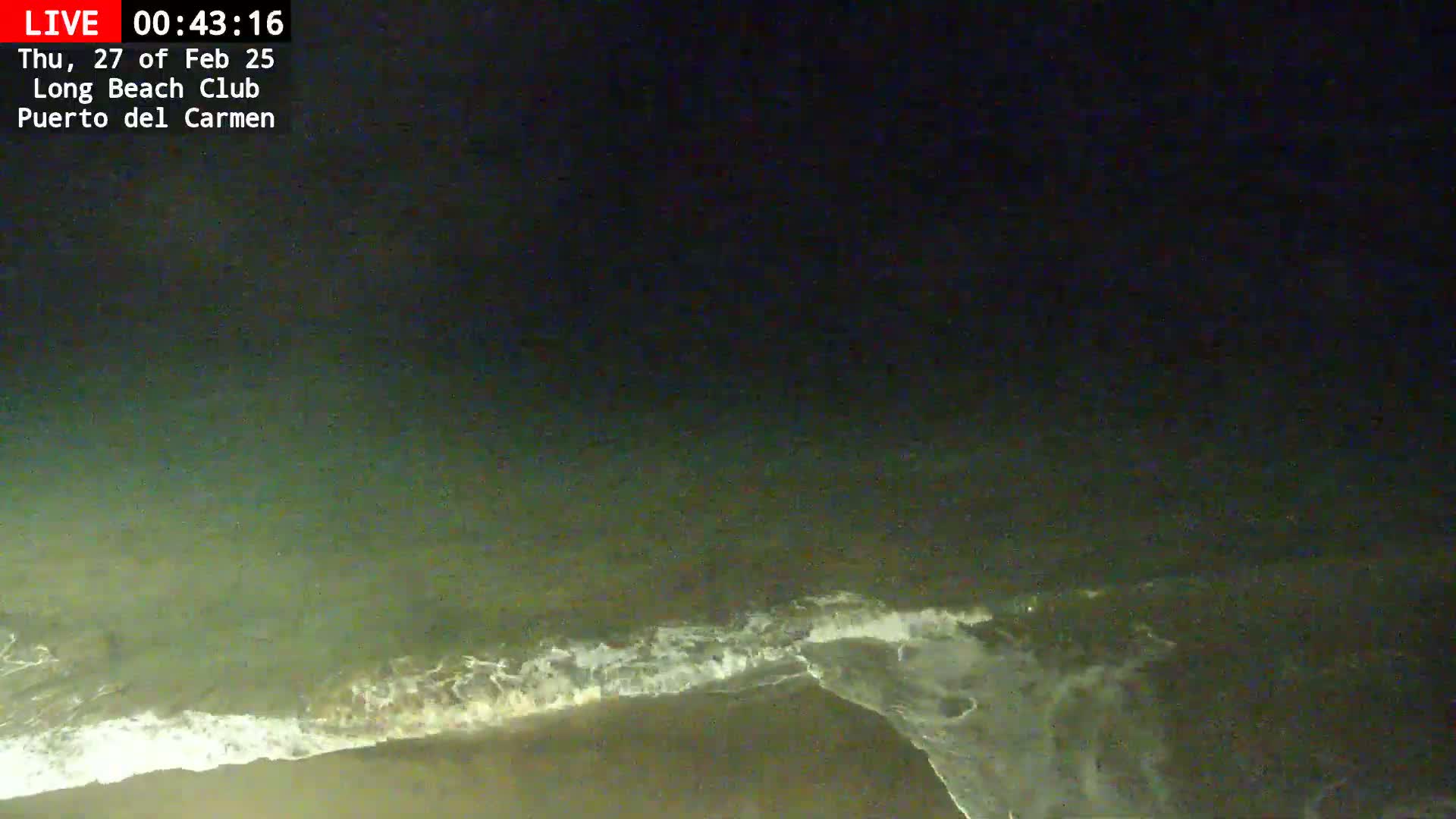 A nighttime, high-angle view shows dark ocean waves breaking on a beach.