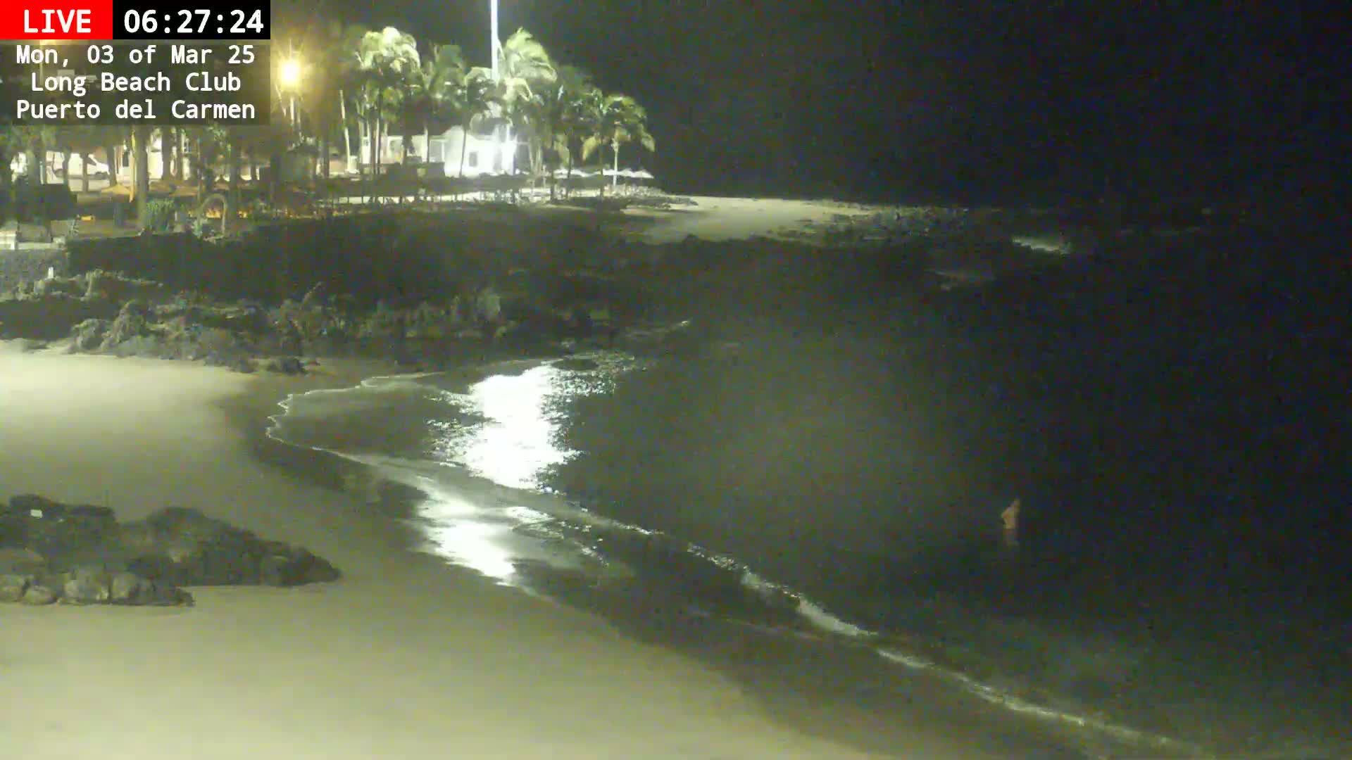 A sandy beach at night with palm trees and buildings in the background, gently lapping waves, and a person in the water.