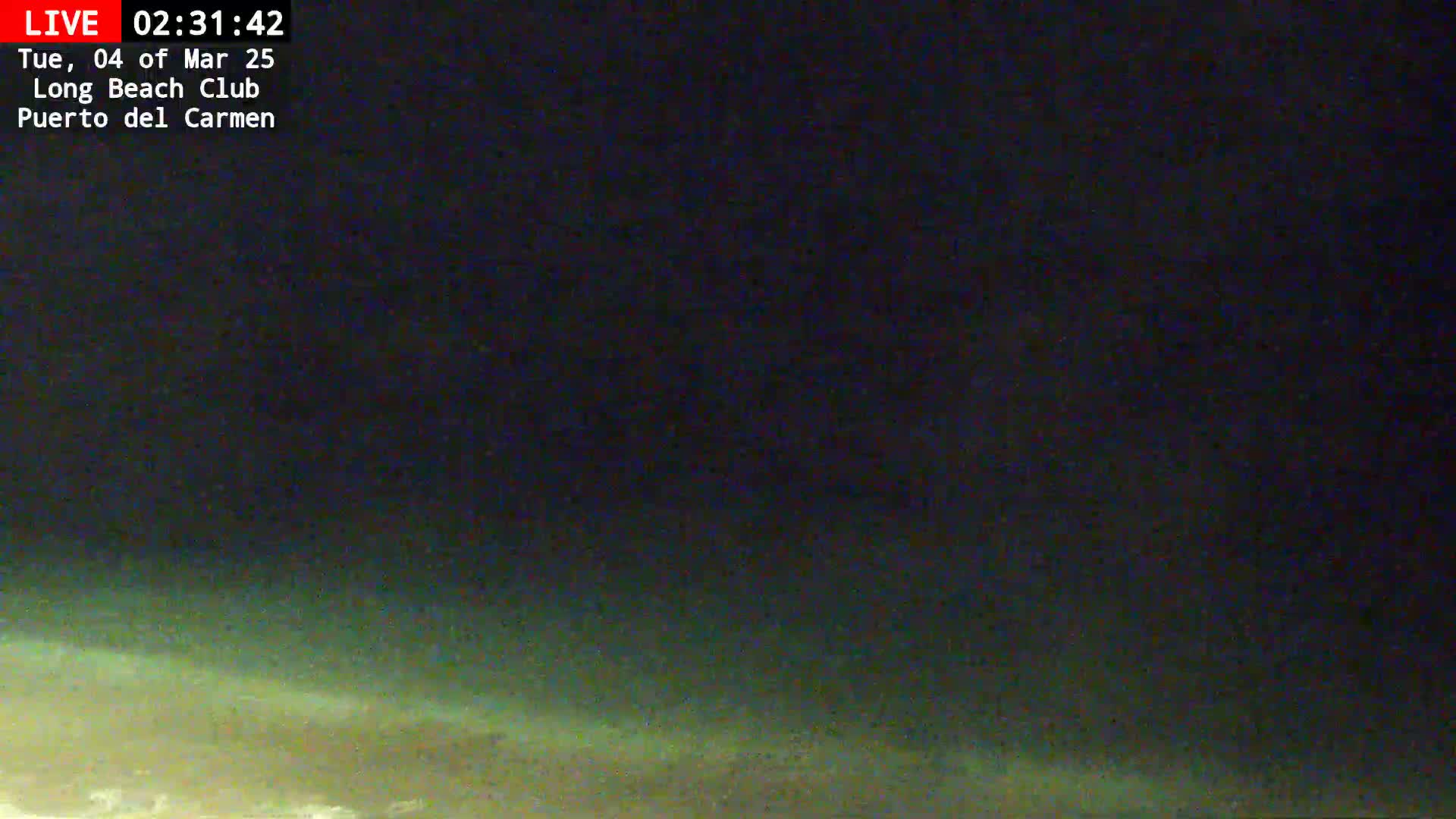 A nighttime beach scene shows a dark sky and a dimly lit shoreline.