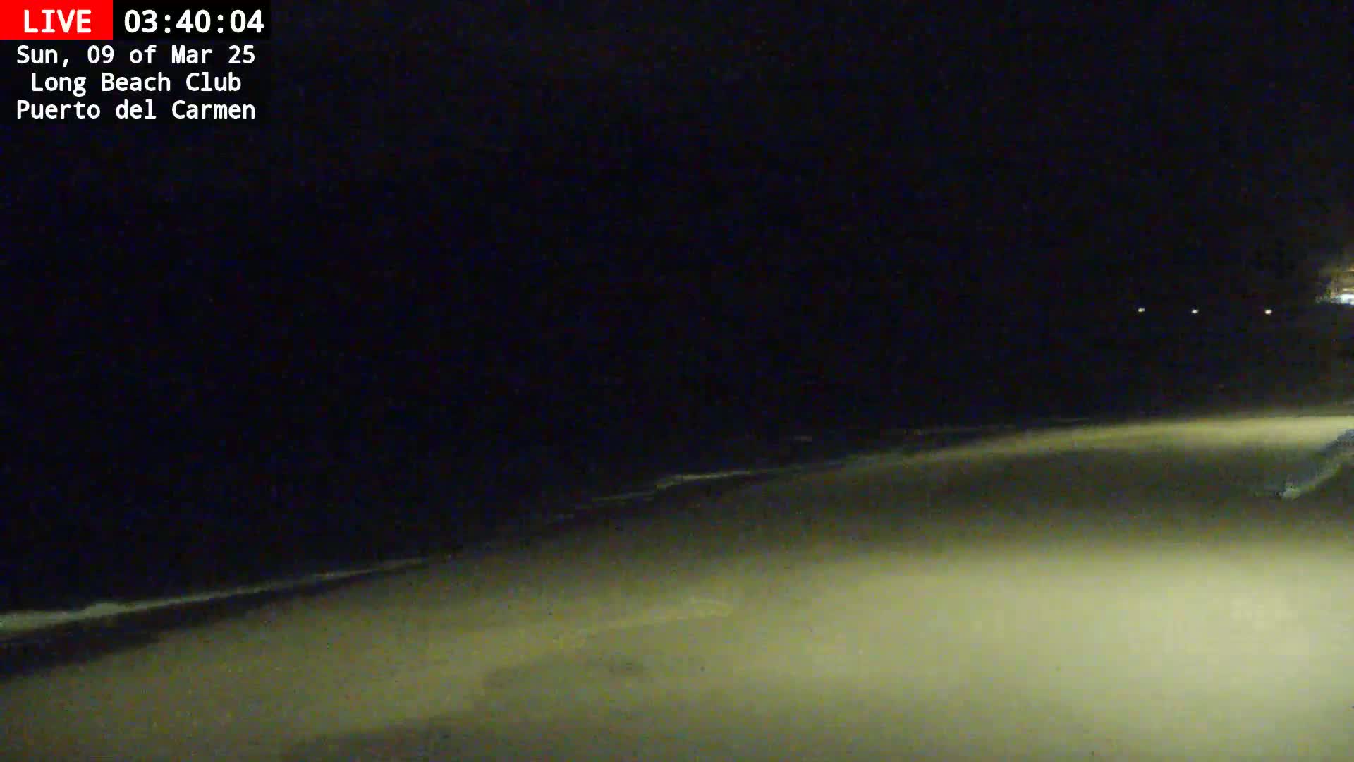 A dark, nighttime beach scene shows a sandy shore and a dark ocean under a clear sky.