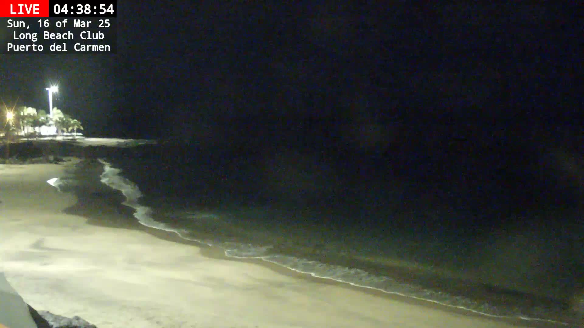 A dark, nighttime beach scene shows gently lapping waves on a sandy shore, lit by a distant light source.