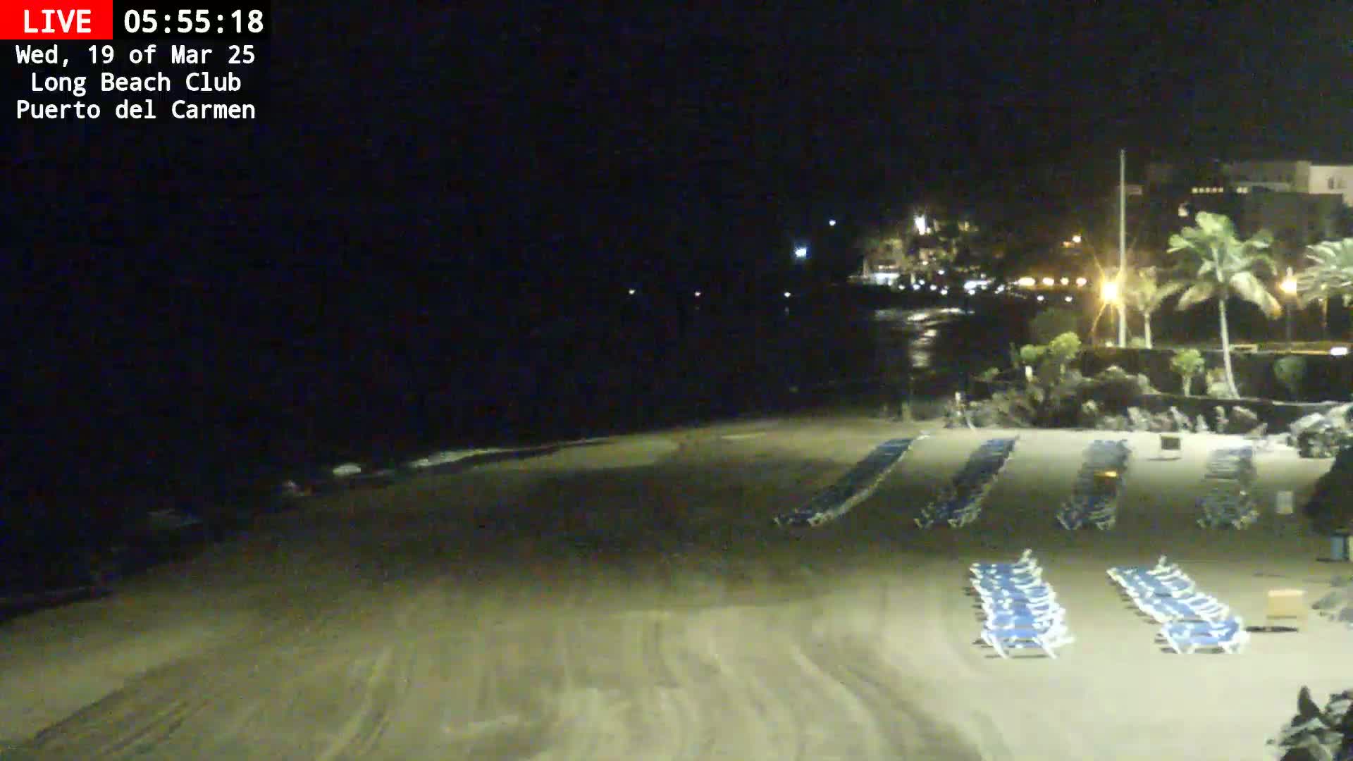 A nighttime view of an empty sandy beach with rows of lounge chairs, palm trees, and dimly lit buildings in the background.