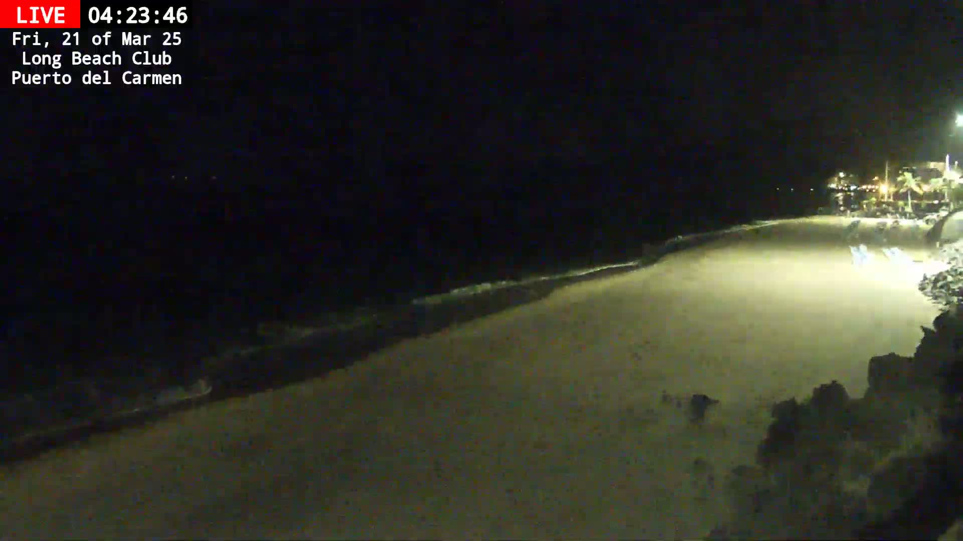 A dark, sandy beach at night is gently lapped by small waves under a clear, dark sky.