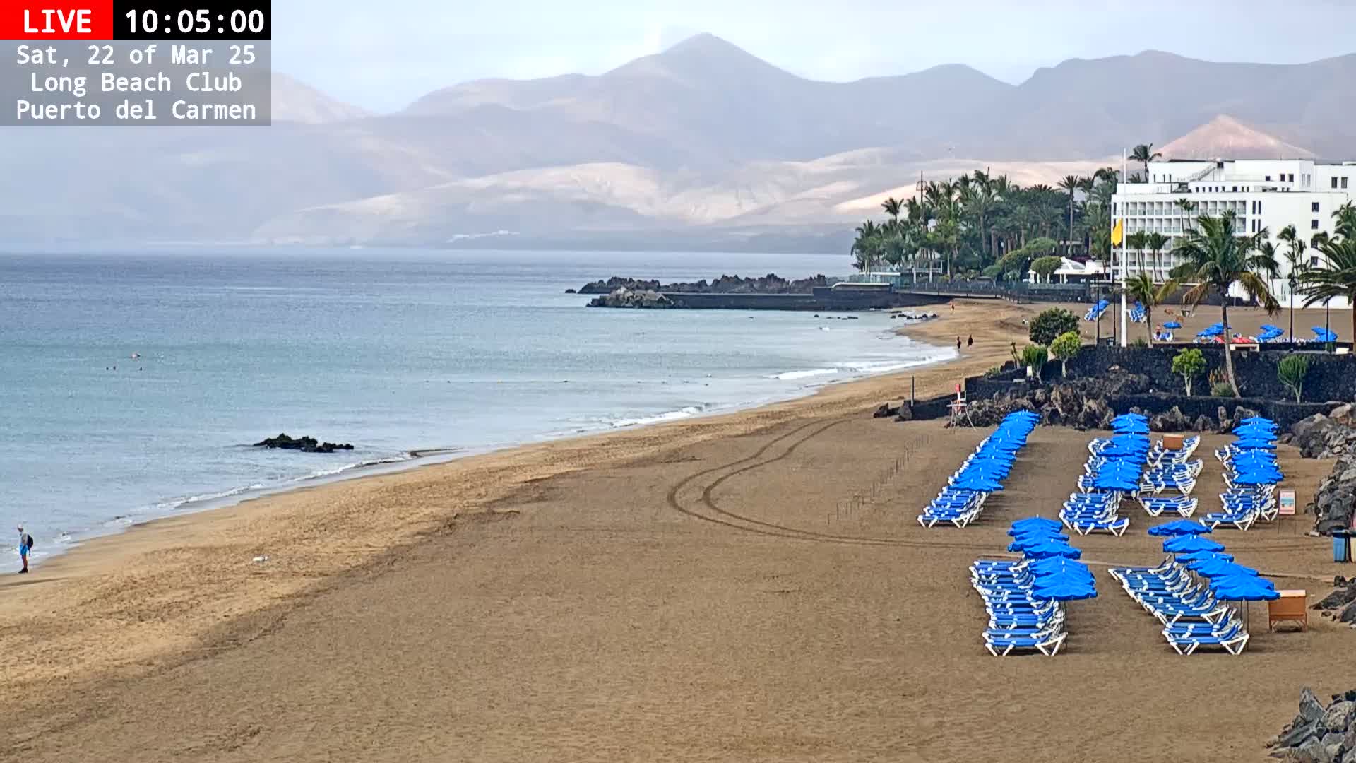 A sandy beach with rows of blue umbrellas and lounge chairs stretches toward a calm ocean under an overcast sky, backed by mountains and a hotel.