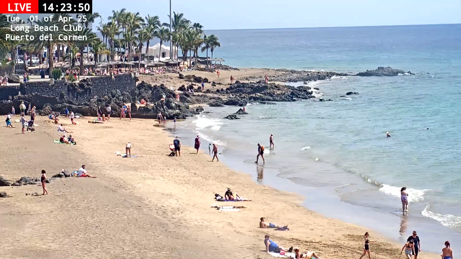 A sandy beach with many people sunbathing and swimming in calm, clear water under a sunny sky, backed by palm trees and a rocky shoreline.