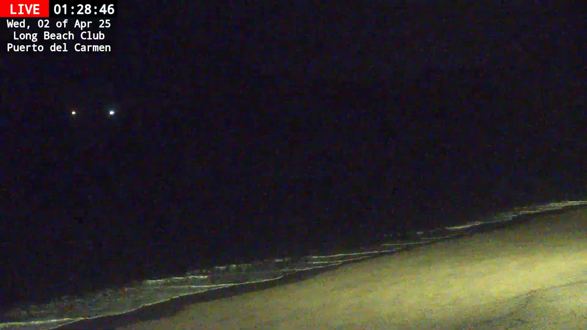 A dark nighttime beach scene shows gently lapping waves on a sandy shore under a clear, starlit sky.