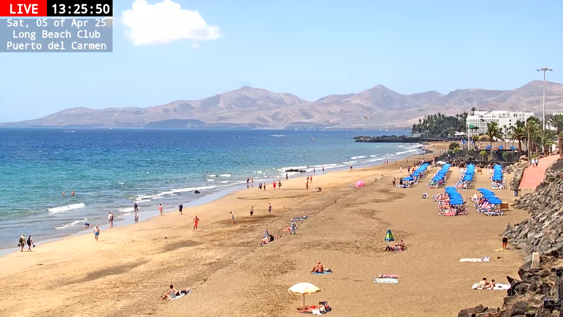 A sandy beach with numerous blue umbrellas and sunbathers stretches along a calm, blue ocean under a clear, sunny sky, backed by mountains in the distance.