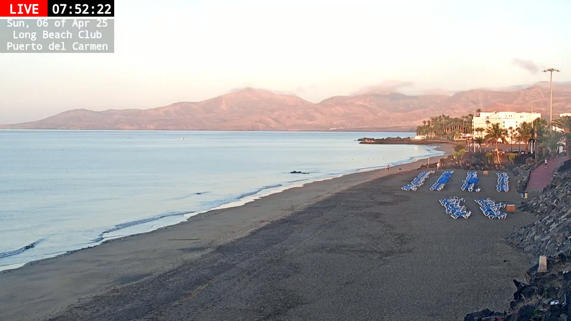 A mostly empty dark-sand beach with rows of blue lounge chairs is situated in front of a calm ocean and mountains under a clear, light sky.