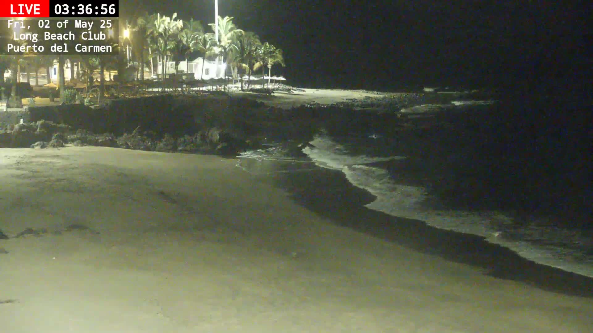 A sandy beach at night with gentle waves lapping the shore, illuminated by a light source near some palm trees and buildings.
