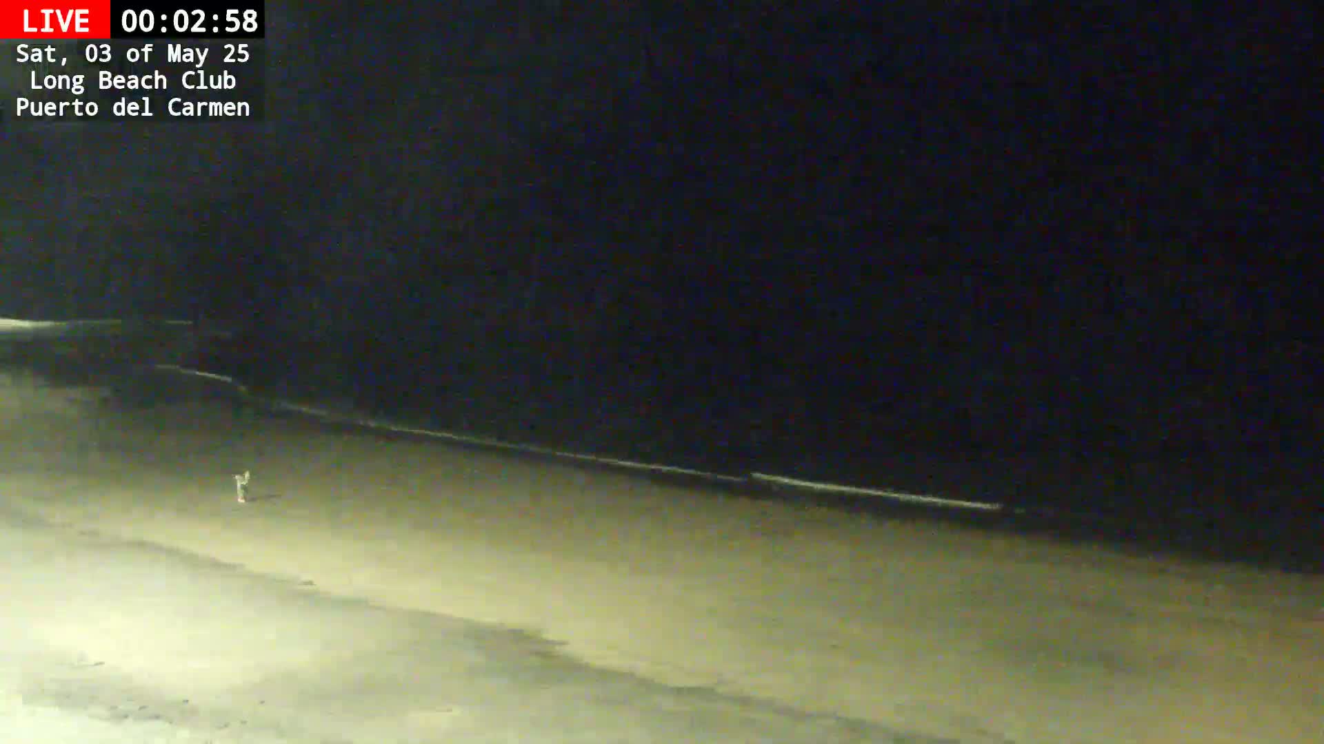 A lone figure walks along a sandy beach at night, under a dark sky with a gently lapping ocean.