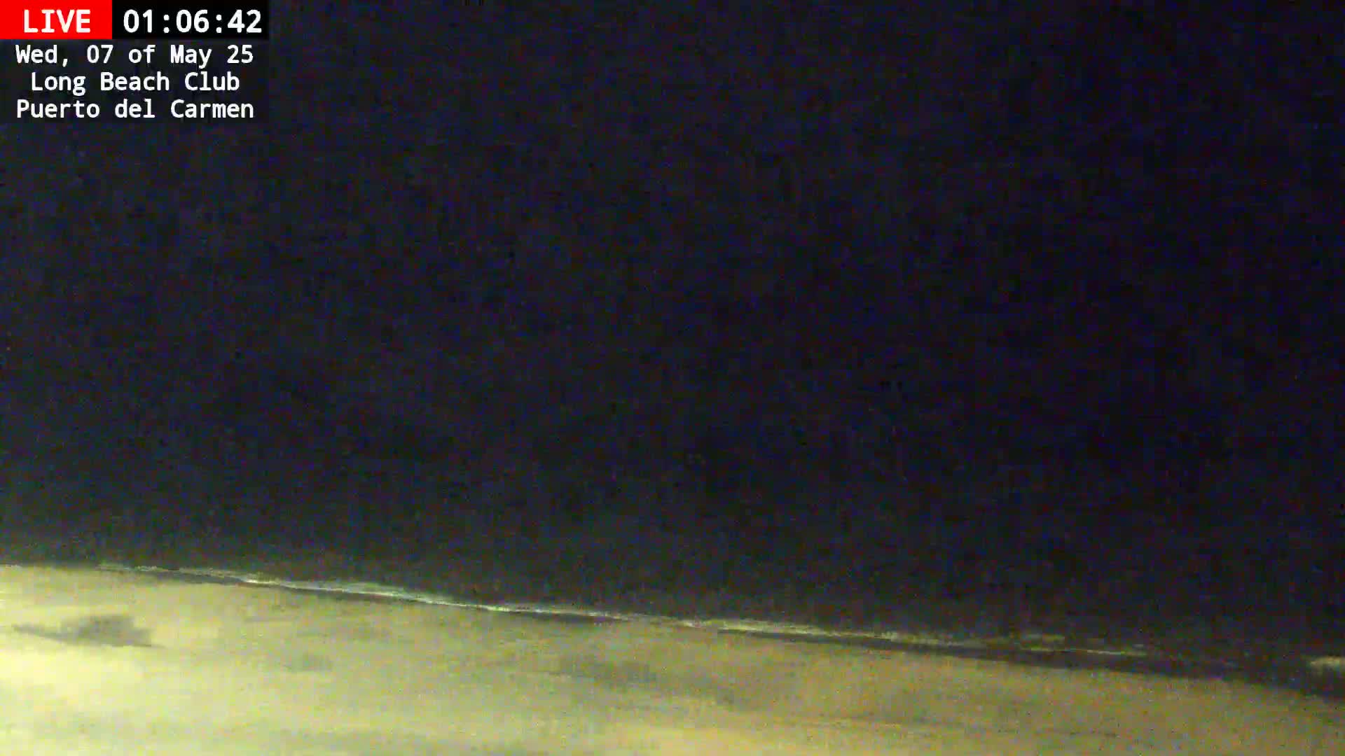 A dark, nighttime beach scene shows a calm ocean meeting a sandy shore under a clear, black sky.