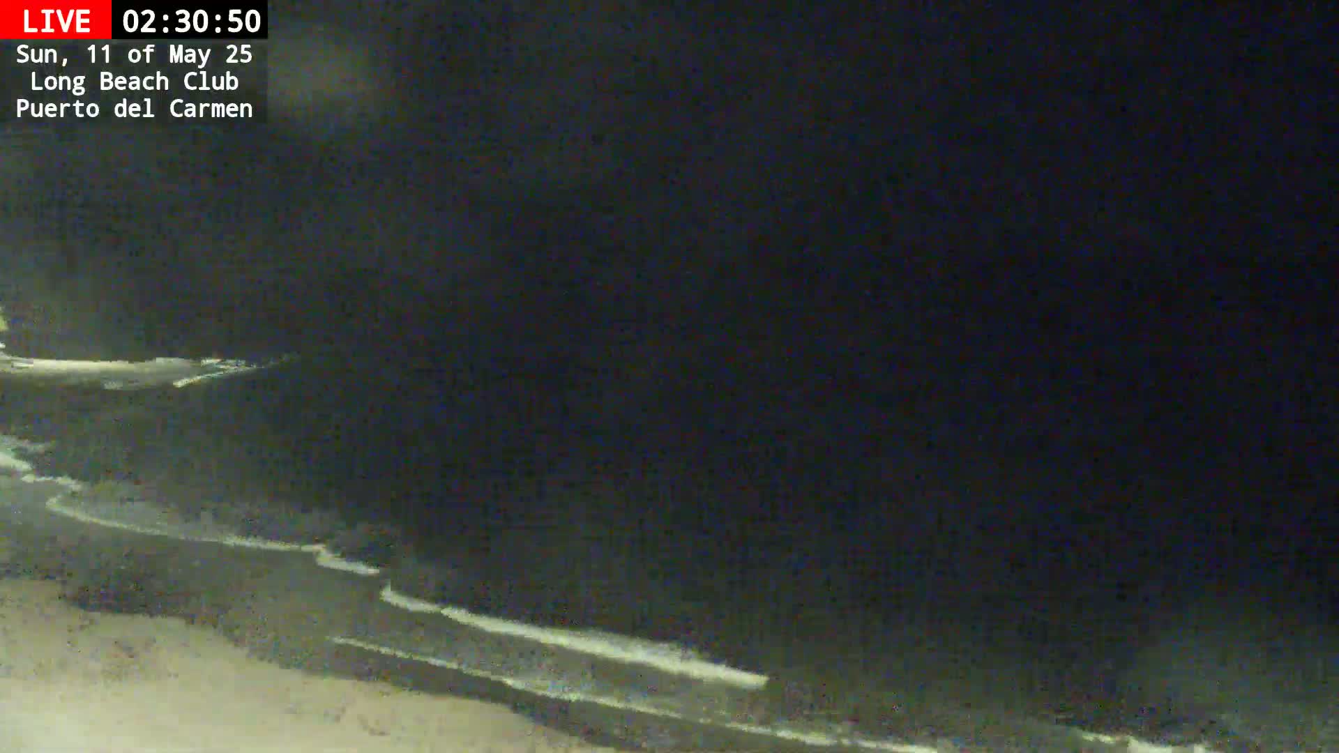 A dark nighttime beach scene shows gentle waves lapping the shore.