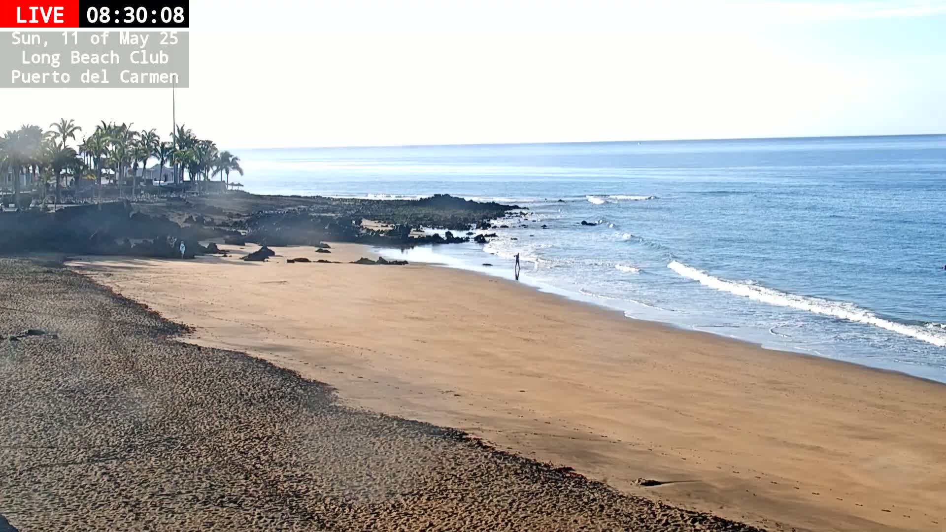 A sandy beach with a few people stretches along a calm ocean under a bright, clear sky.