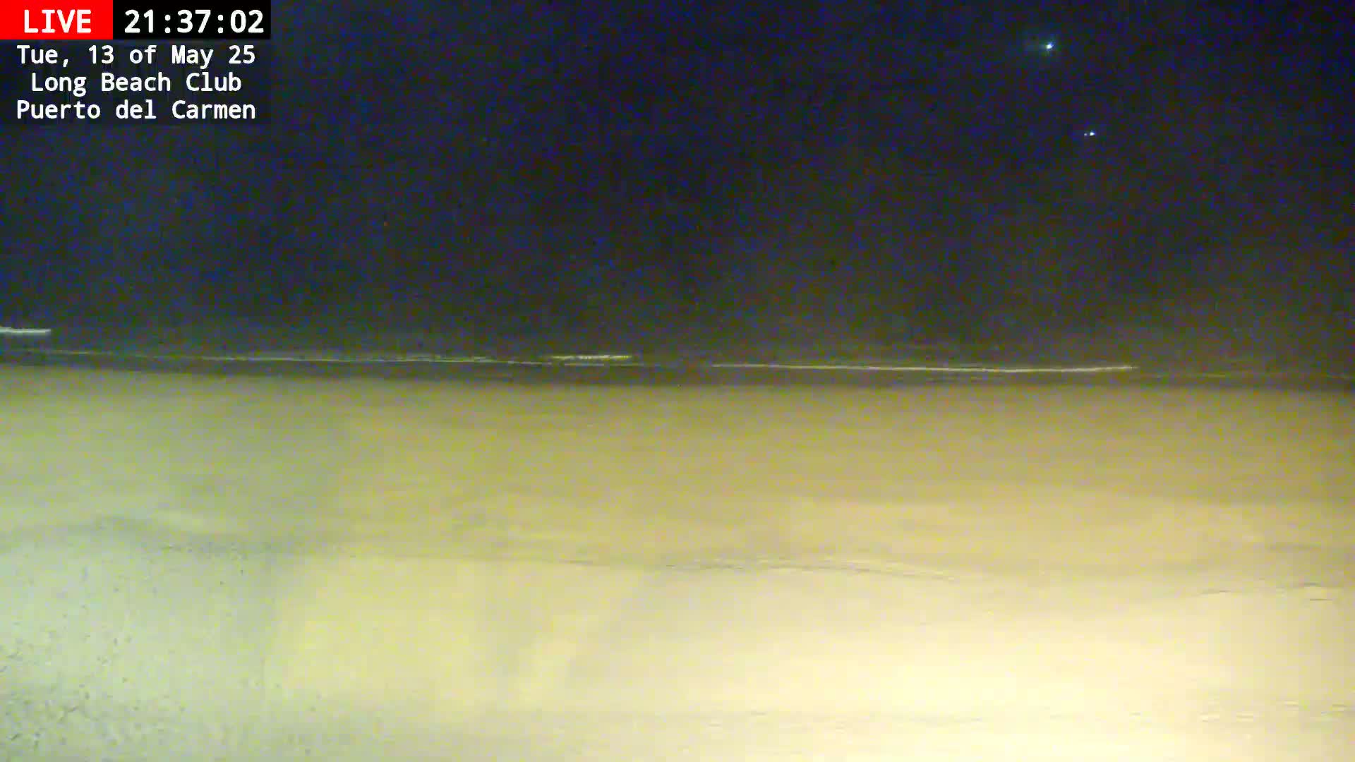 A dark night scene shows a calm ocean meeting a sandy beach under a clear, starlit sky.