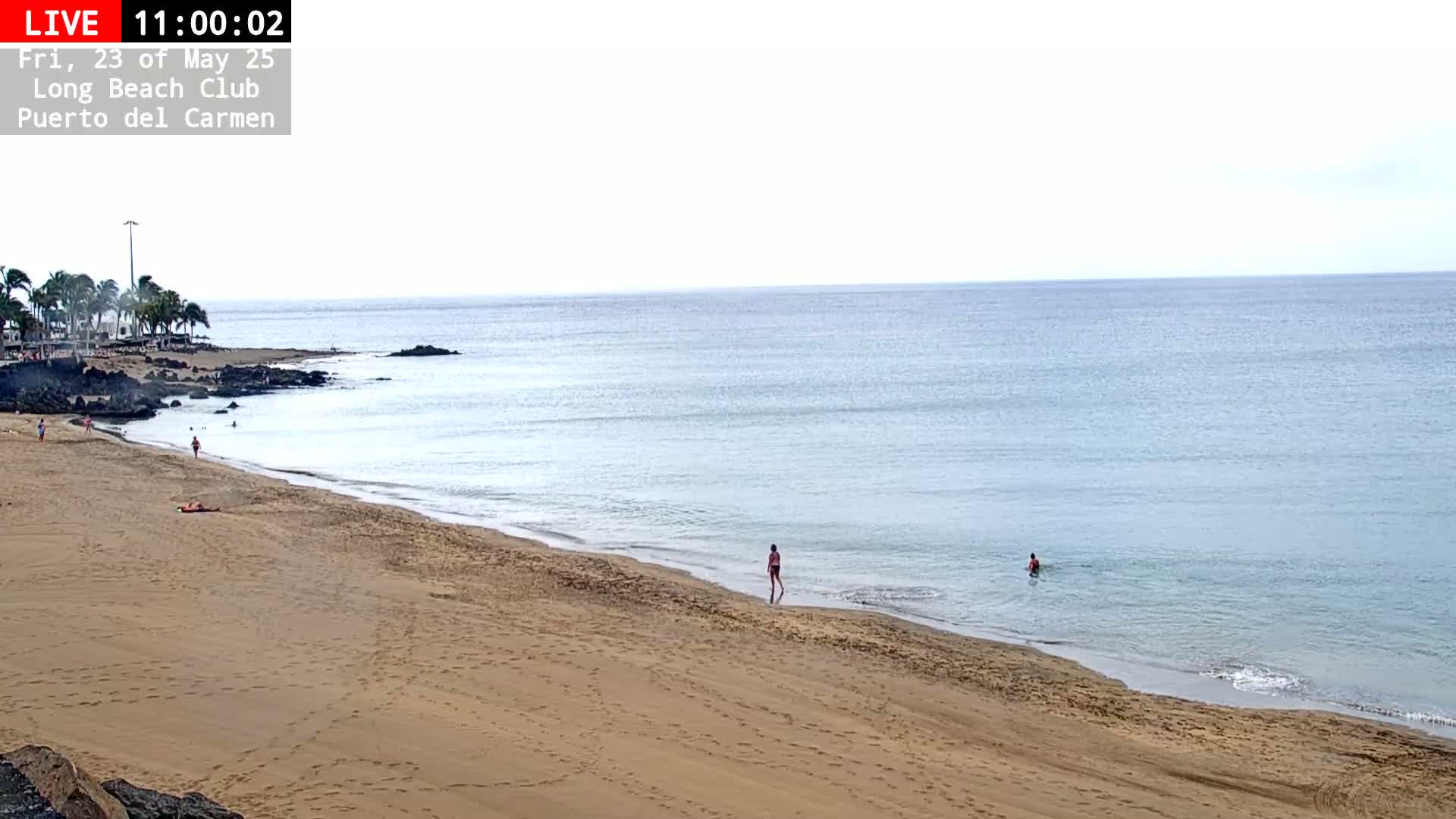 A sandy beach with a few people on it slopes gently down to a calm, light-blue ocean under an overcast sky.