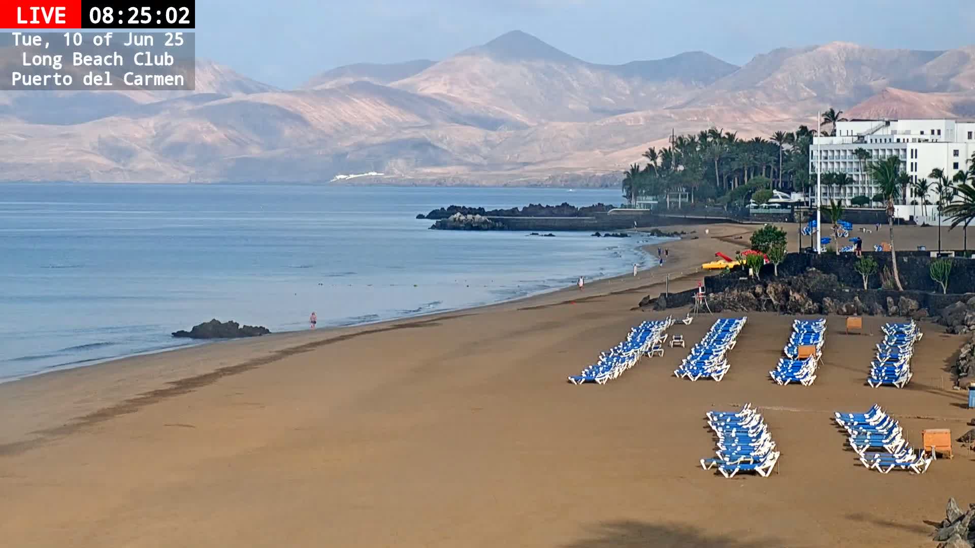 A sandy beach with rows of empty lounge chairs, a calm ocean, and mountains in the background under a clear sky.