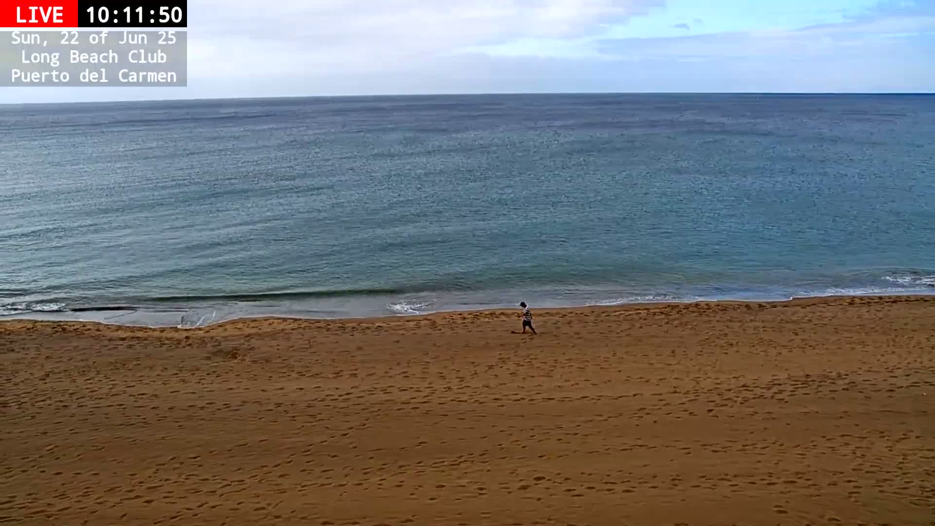 A person walks alone on a wide, sandy beach next to a calm, blue ocean under an overcast sky.