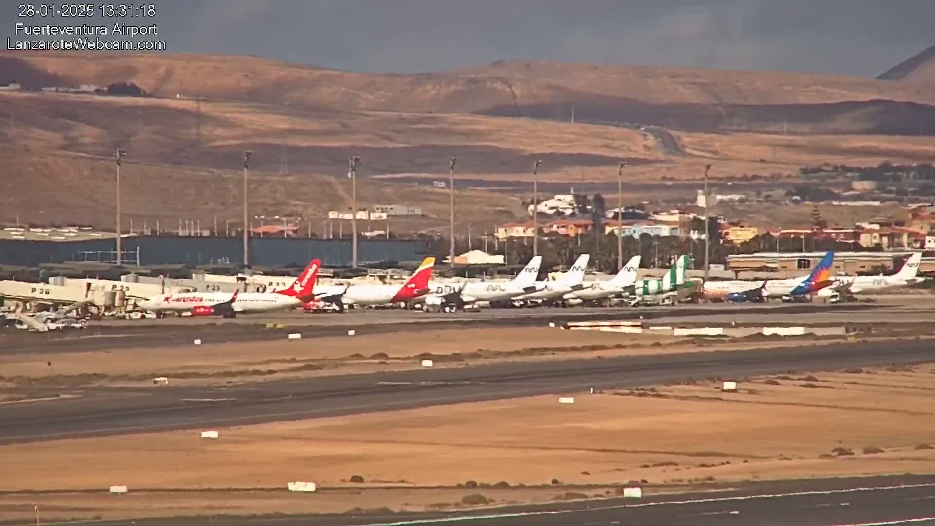 A long line of airplanes sits at an airport tarmac under an overcast sky, with tan hills visible in the background.