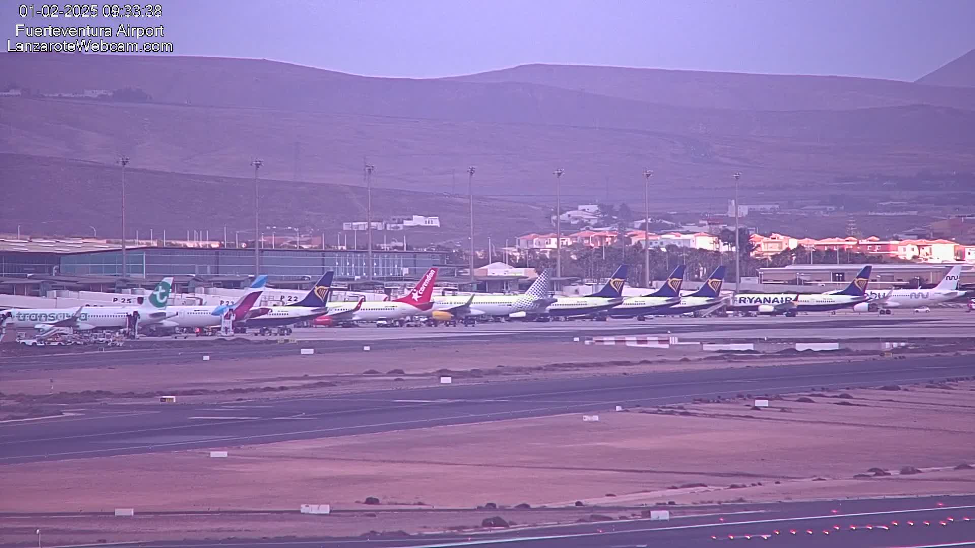 Many airplanes are parked at an airport tarmac under a hazy sky, with mountains visible in the distance.