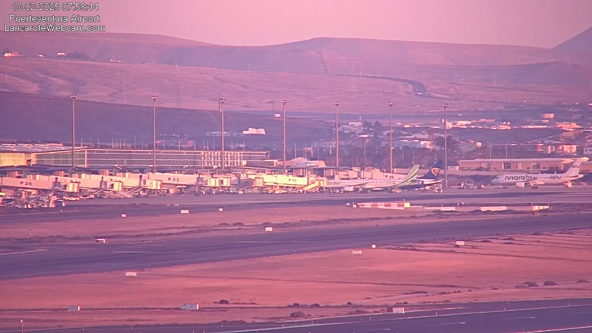Several airplanes are parked at gates at an airport, with additional planes visible on the tarmac, under a dusky pink sky.