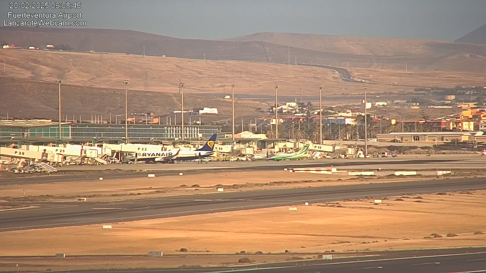 A long shot of an airport tarmac with several airplanes parked at gates, under a hazy sky.