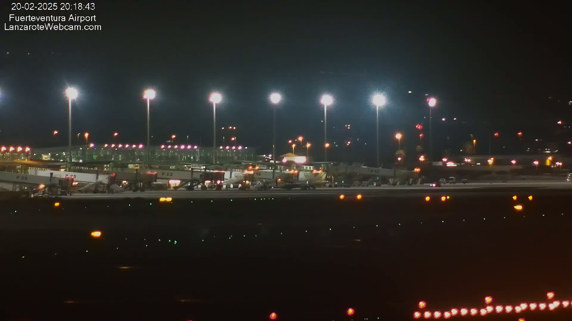 A brightly lit airport tarmac at night shows several airplanes connected to jet bridges with ground support vehicles nearby.
