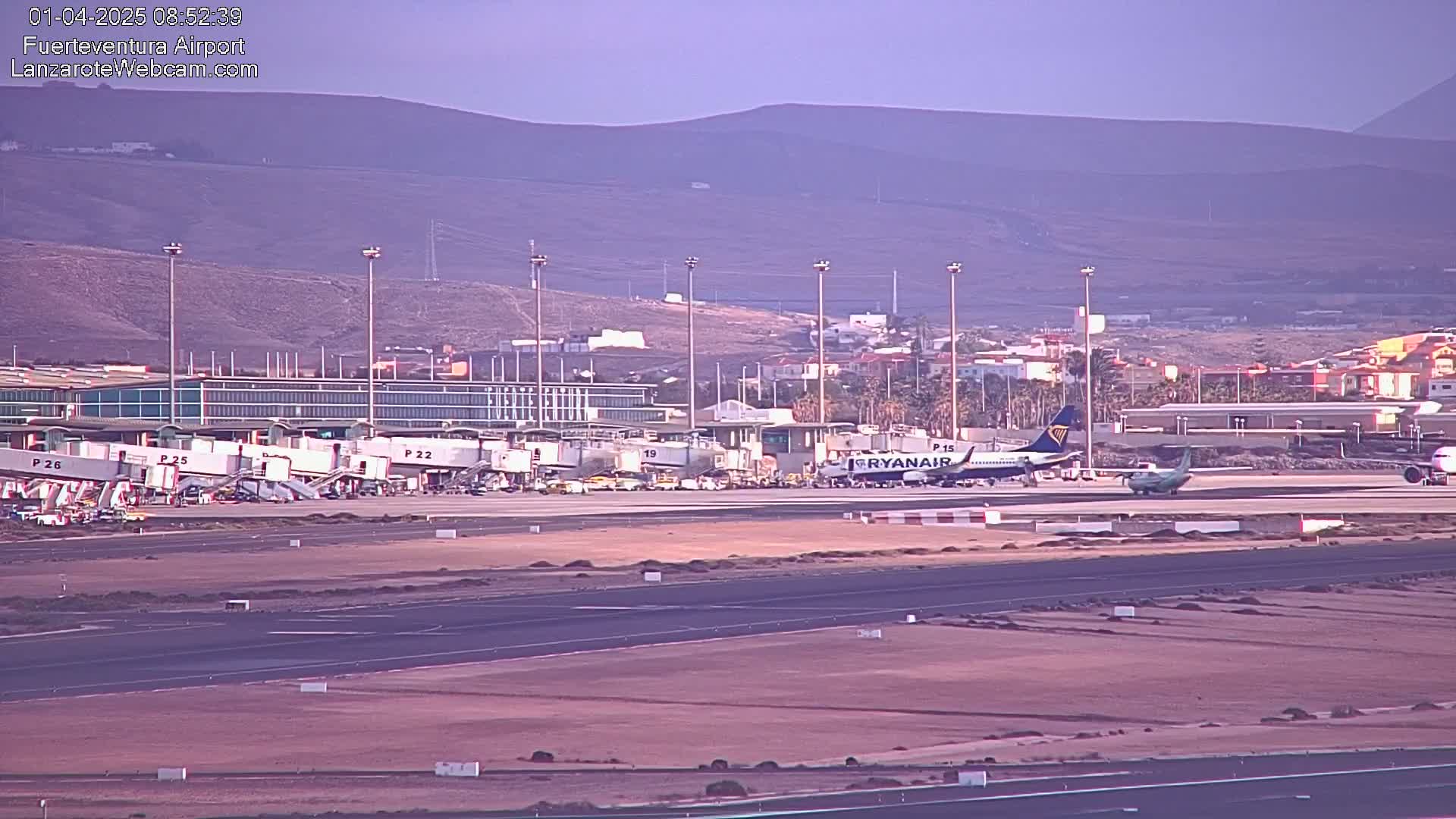 A Ryanair plane is parked at a gate at an airport under a hazy, light-purple sky, with several other planes and jet bridges visible.