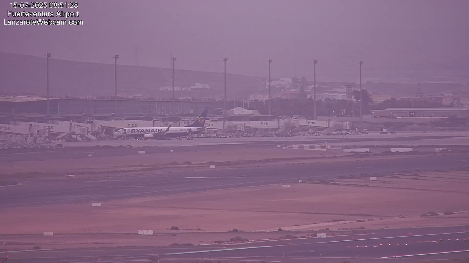 A Ryanair airplane is parked at a gate of an airport in hazy conditions.