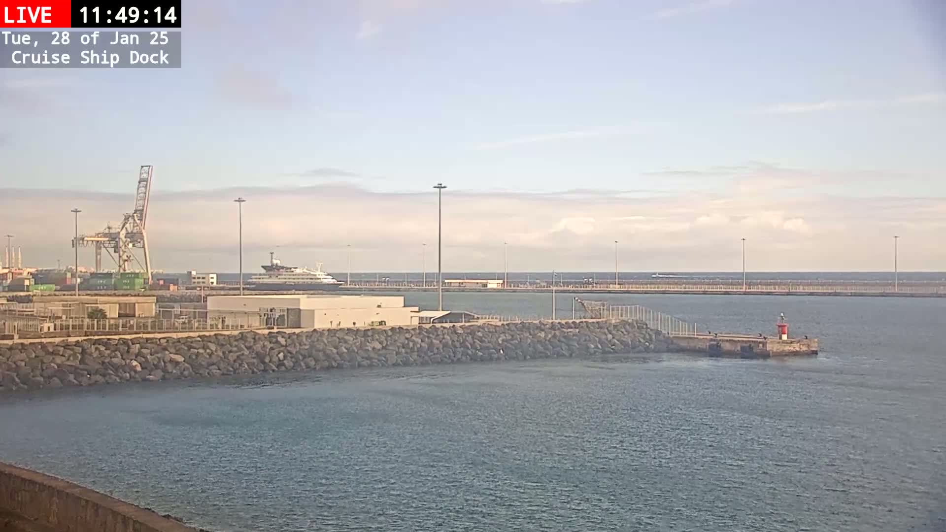 A cruise ship is docked at a port under a mostly clear sky.