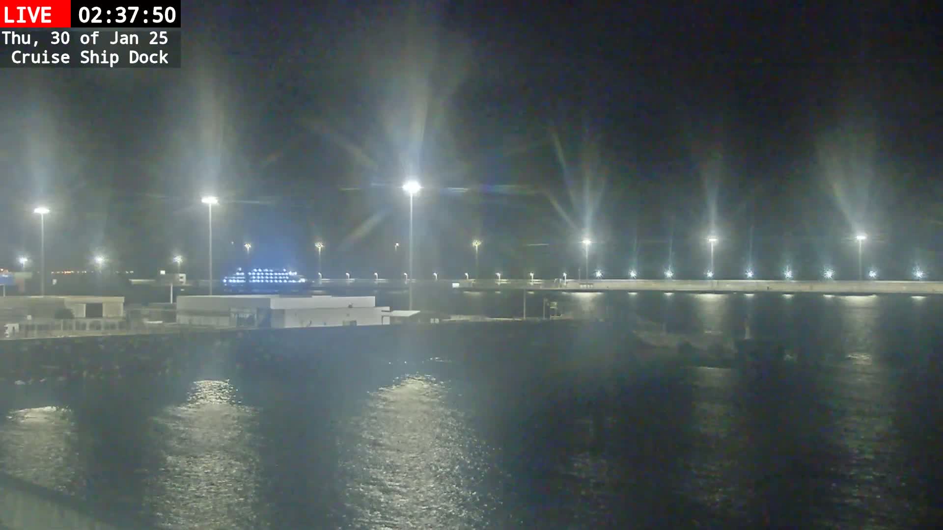 A cruise ship is docked at night next to a lit pier, with calm water reflecting the lights.