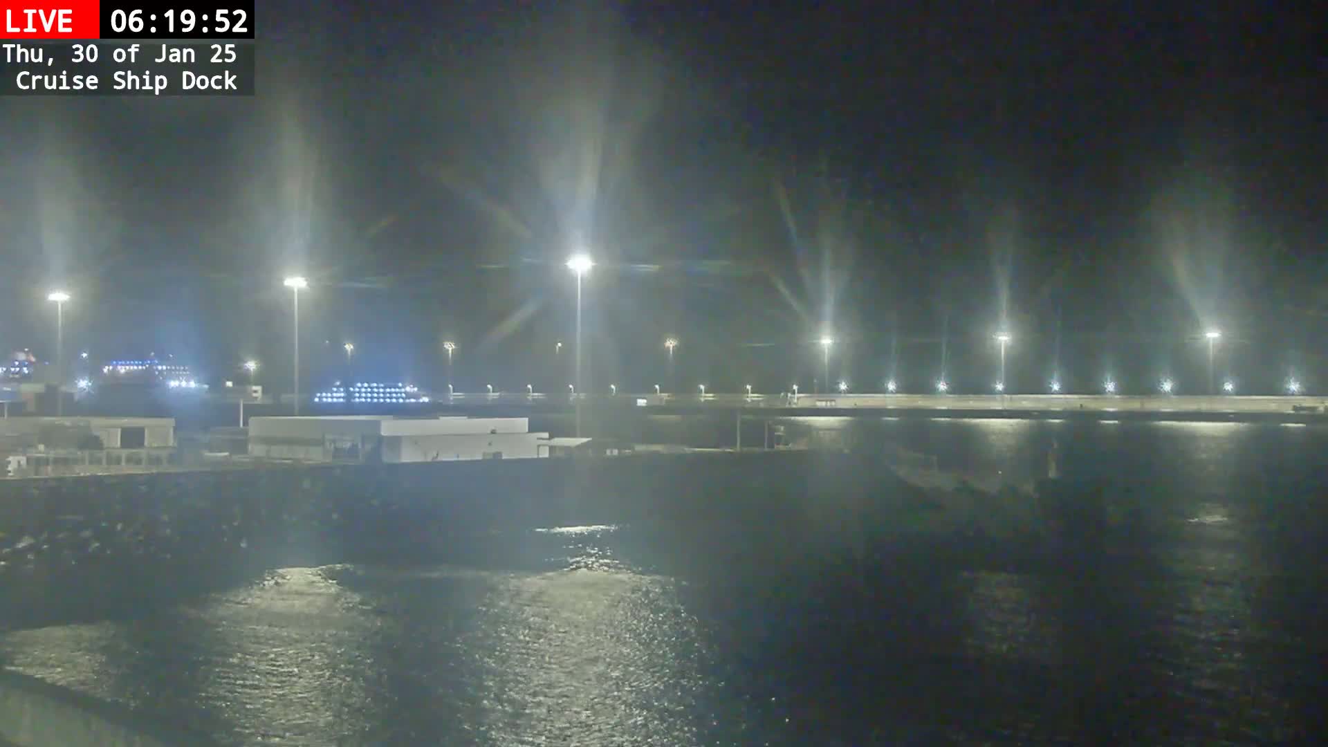 At night, a cruise ship is docked at a brightly lit pier beside dark water.