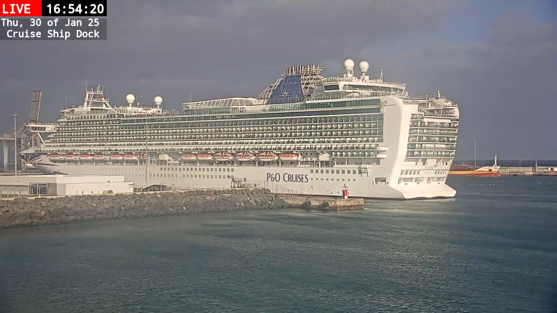 A large cruise ship is docked at a port under an overcast sky.