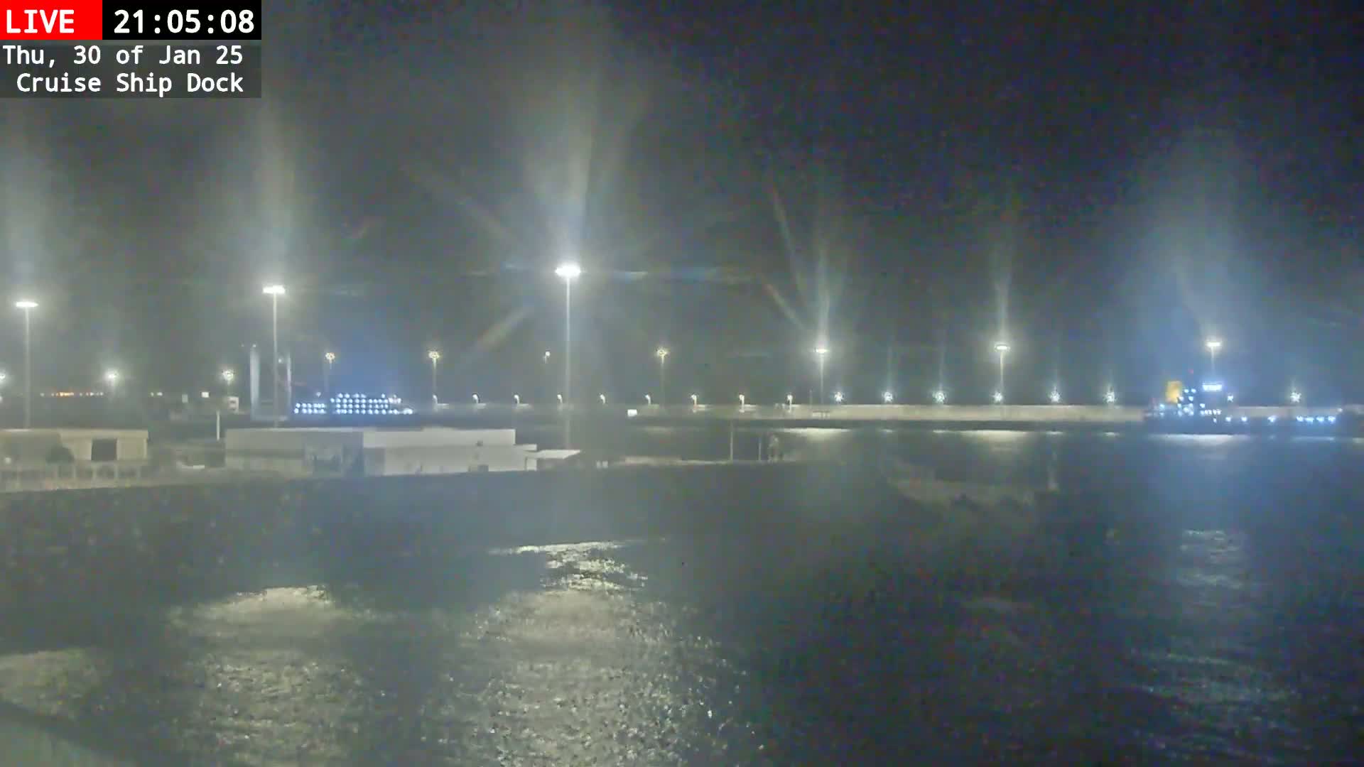 At night, a cruise ship is docked at a brightly lit port, with slightly choppy water visible in the foreground.