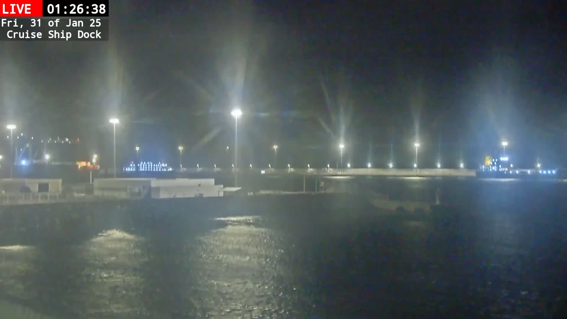 A nighttime view of a cruise ship dock with a large ship at the end, illuminated by many lights, and choppy water.