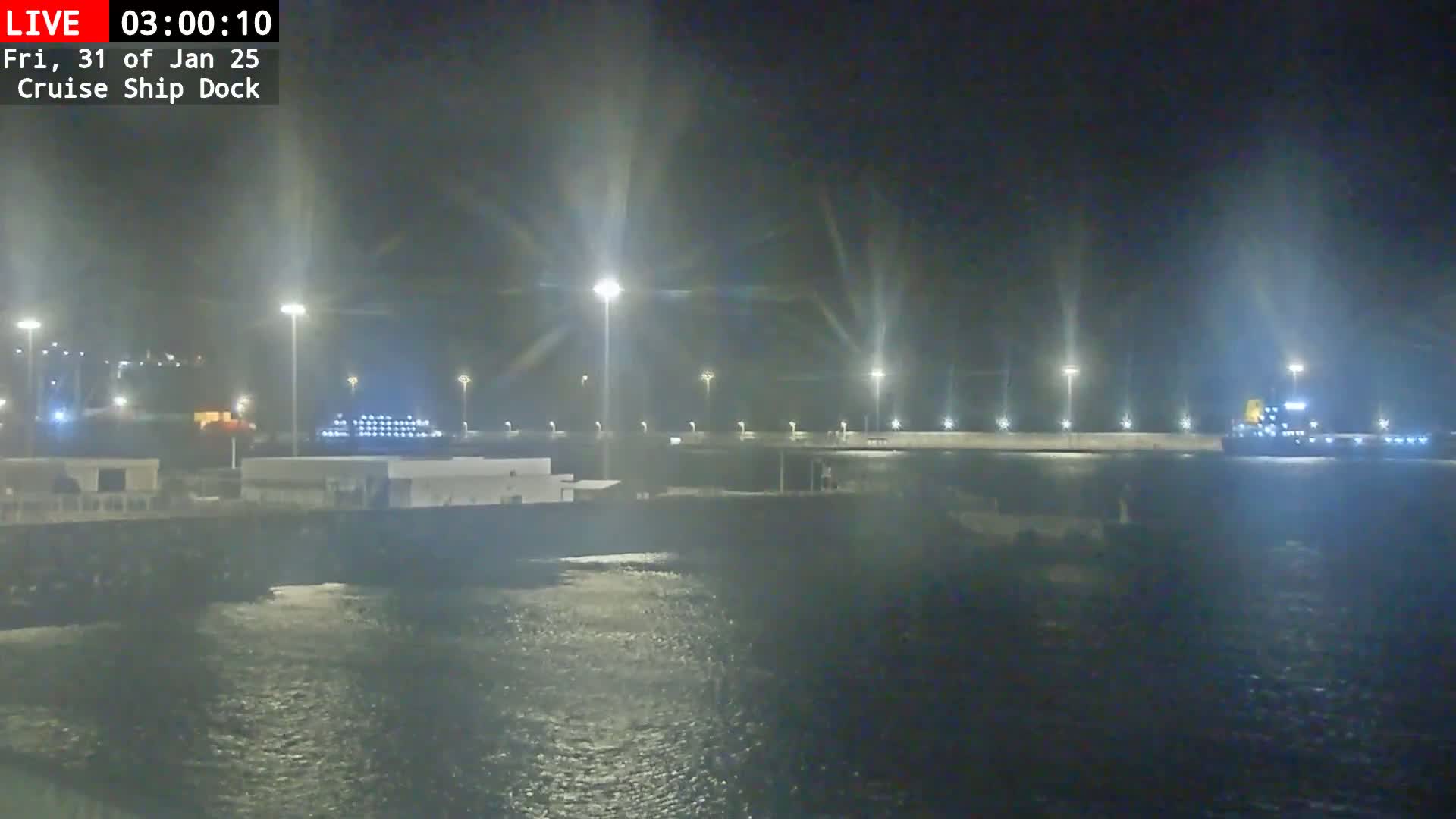 A cruise ship is docked at night, illuminated by bright lights along a pier, with calm water visible in the foreground.